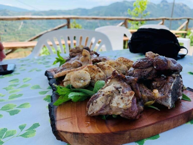 A plate of grilled beef and sheep in the mountains of Nebrodi, Northern Sicily