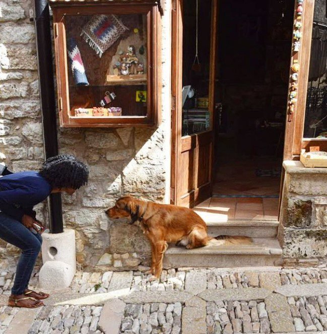 A black woman bending to interact with a dog sitting outside a shop