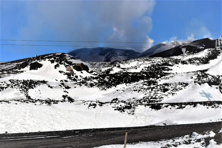 A smoking volcano with snow all around the mountain Etna, a low-budget winter destination in Italy