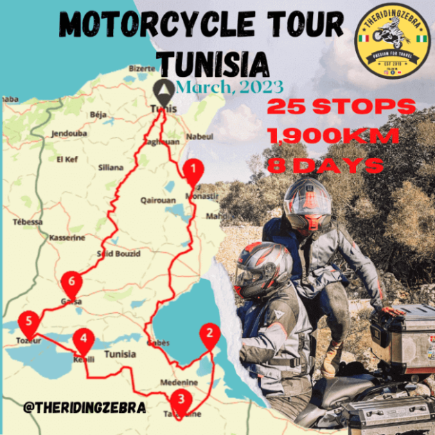 A map of route in Tunisia and a picture of a motorcycle couple on a stationary motorcycle. The passenger is in the process of climbing on the motorcycle