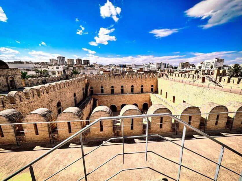 An aerial view of a courtyard of a medieval fortress in Sousse, Tunisia