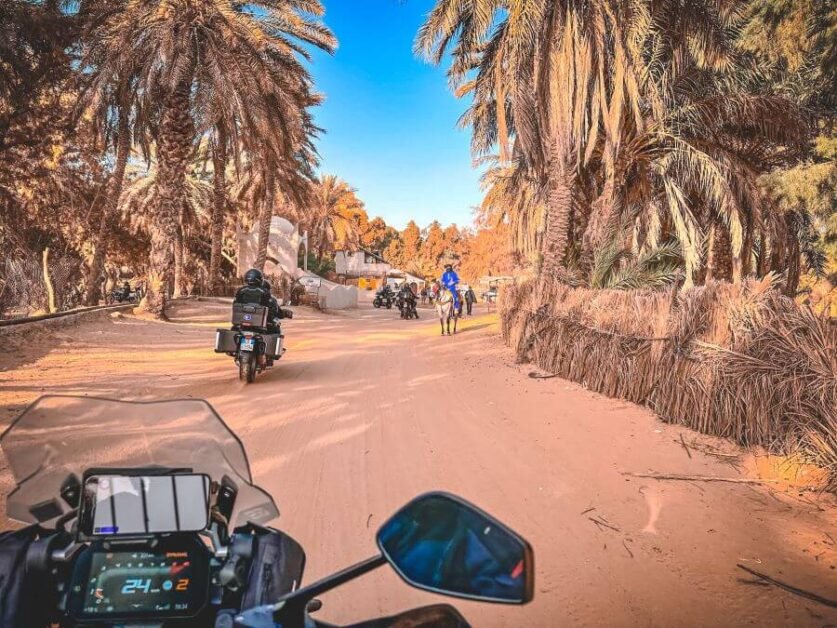 View from behind a motorcycle of a sandy road with palm trees lining both sides of the road. There are motorcycles ahead and a man riding a horse coming from the opposite direction