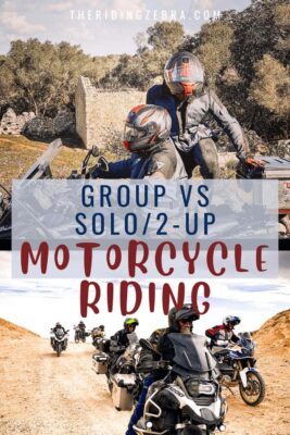 A graphic for Pinterest with two pictures. The one above is of a motorcycle couple and the picture below is a motorcycle group. The title of the graphic reads Group vs Solo/2-Up motorcycle riding