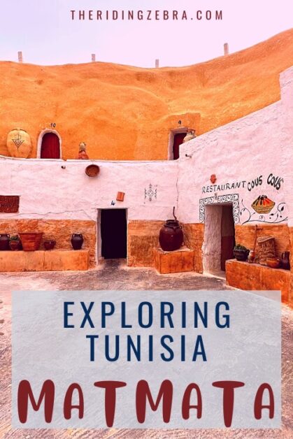 An outdoor setting of a traditional cave home with pots and other cooking utensils around. The title reads, Exploring Tunisia, MATMATA