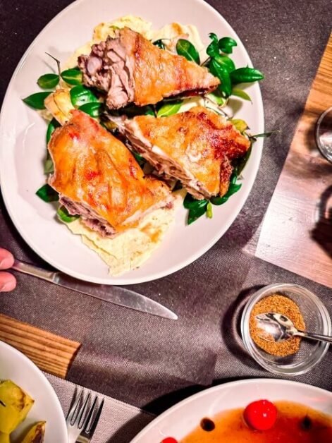 A dish of roasted pig sucklings called Porchhedu in Sardinia