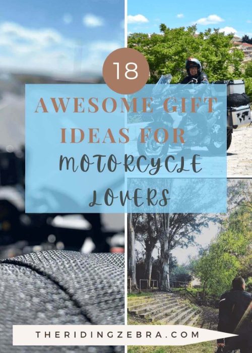 Graphic with 3 photographs of a motorcyclist outdoors in the background and the title "Awesome gift Ideas for Motorcycle Lovers"