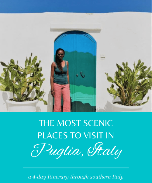 A graphic with a woman in front of a blue door in the background