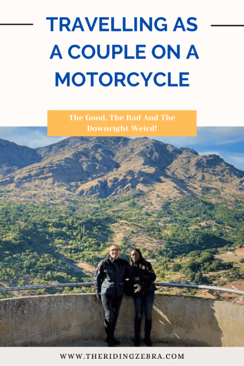 Blog graphic with picture of a couple in front of a mountain relief and a title "Traveling as a motorcycle couple" on top